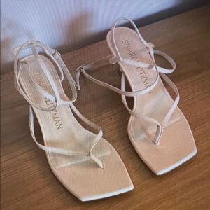 Stuart Weitzman bone white leather strappy ankle kitten heel sandals size 7